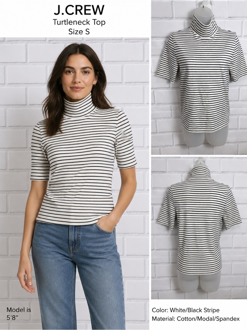 J.Crew Striped Mock Neck Top Women’s Size S Black White Short Sleeve Stretch